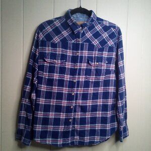 Jachs Girlfriend Pearl Snap Shirt M Long Roll Tab Sleeve Flannel Plaid Blue Red